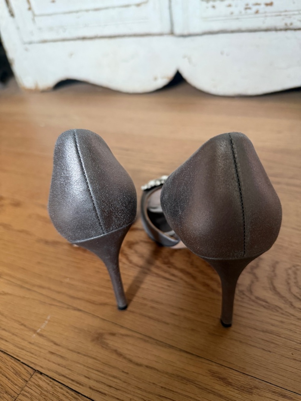 Badgley Mischka Silver Satin Peep-Toe Crystal Heels - Picture 4 of 8